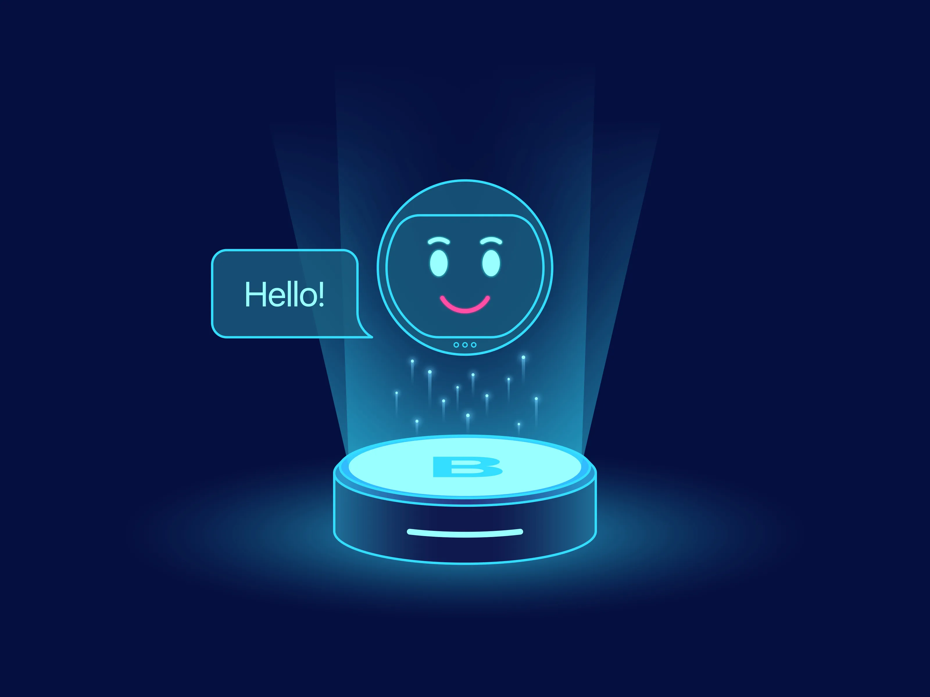 Picture of an AI Assistant smiley face hovering saying hello