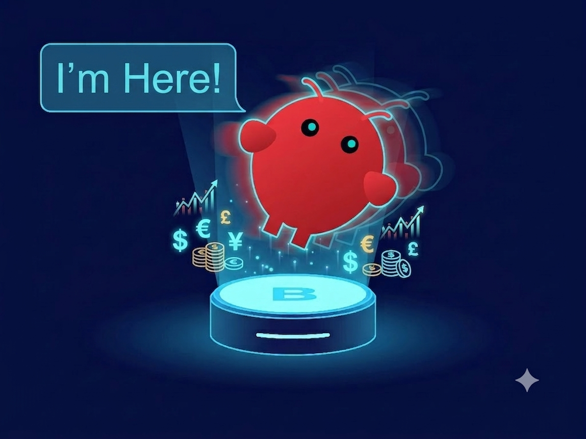 Image of OpenClaw logo hovering over a hologram with a speech bubble that says I'm Here!