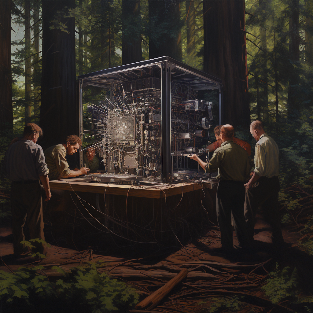 Picture of men with tucked in business shirts with rolled up sleeves standing around a quantum computer in the middle of a forest discusing and working on it