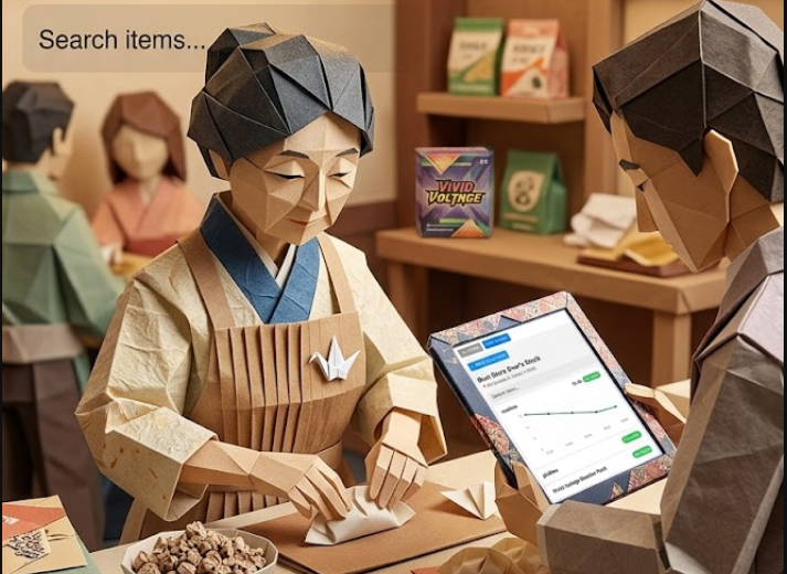 In an Origami world, a woman making Gyoza is standing before a customer holding their mobile device looking at stock and graphs on the Stocky App infront of the shop owner